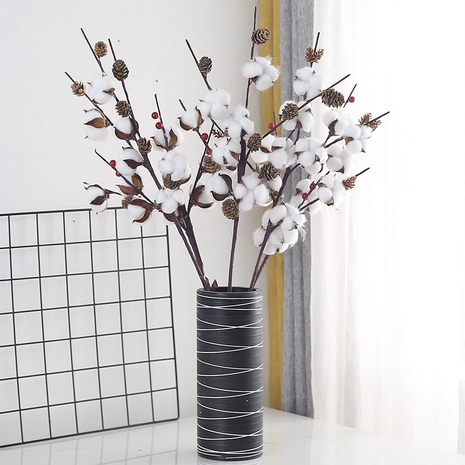 Envío Gratis, Flores Secas, Ramas Decorativas de Algodón, Adornos para Mesa de Navidad y Año Nuevo, Frutos Rojos Artificiales, Flores Falsas, Plantas Verdes
