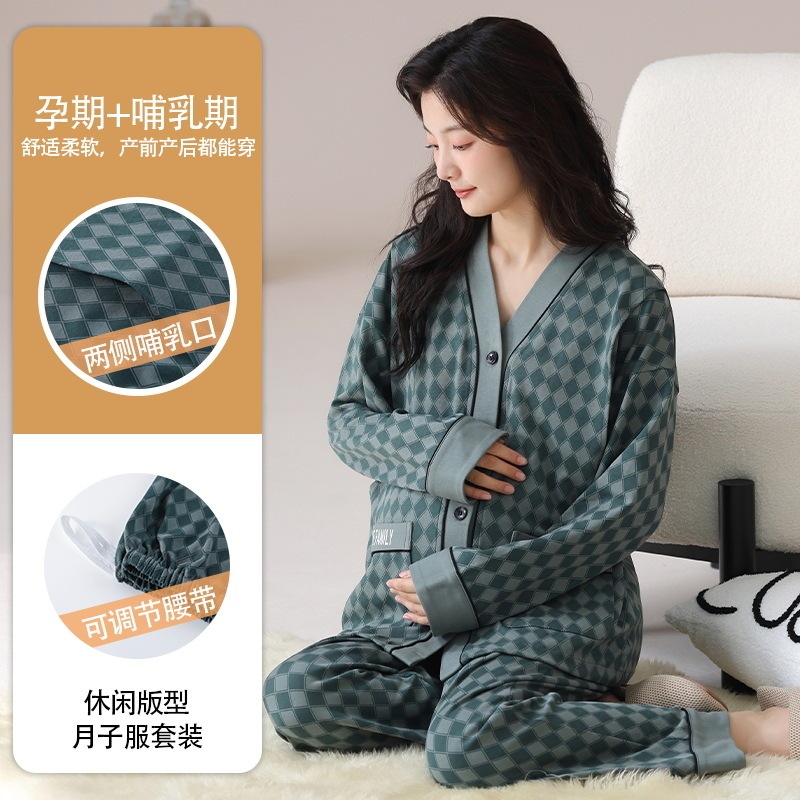 带胸垫月子服秋冬季产后大码孕妇睡衣产妇坐月哺乳喂奶家居服套装|undefined