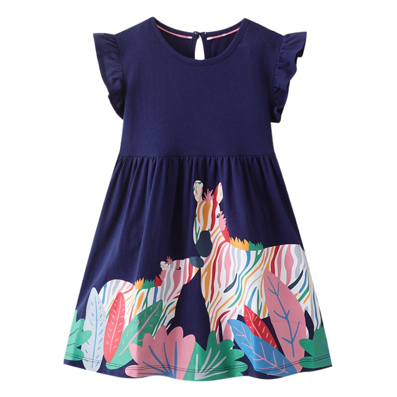 Nuevo Vestido de Verano 2025 para Niñas, Estilo Europeo y Americano, de Algodón Puro Estampado, Vestido de Princesa de Manga Corta, Venta al por Mayor Transfronteriza de Ropa Infantil