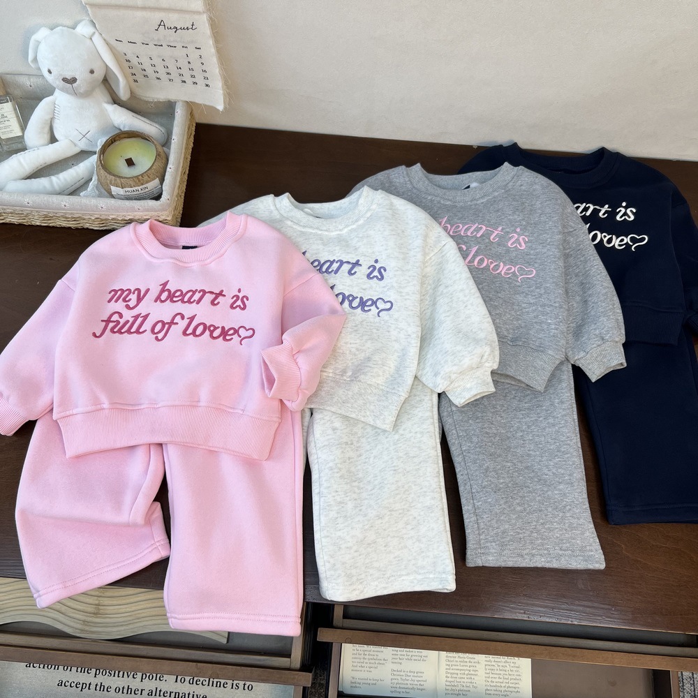 儿童ins时尚刺绣抓绒套装2025冬季 男女童潮范卫衣长裤韩版两件套