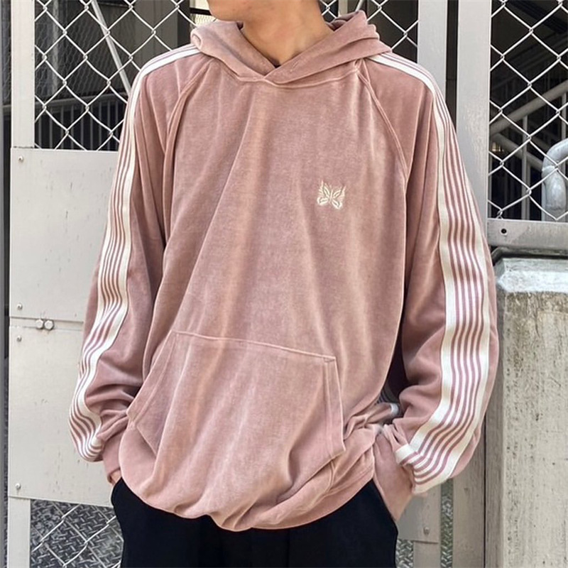 Needles track lotus pink butterfly velvet hooded casual loose sweater men's and women's Japanese high street in hat