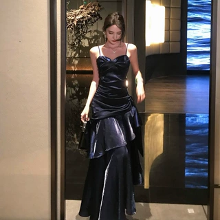 人鱼姬荷叶边吊带连衣裙紫色成人礼宴会礼服克莱因蓝扎染薄纱时尚