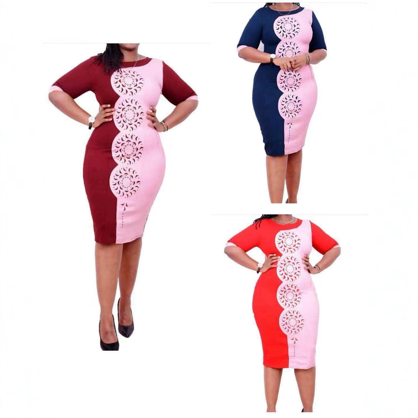 Cross-border Foreign Trade Clothing AliExpress ebay African Large Size Women's Double Color Burned Flower Hollow Round Neck Dress
