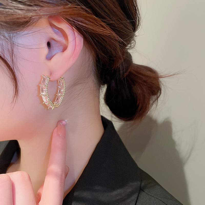 Inlay Design Retro Style Retro Geometric Copper Inlay Zircon Hoop Earrings 1 Pair