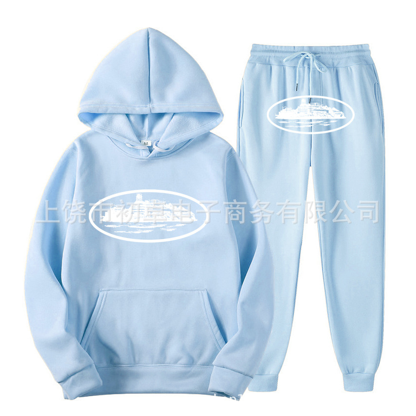 Europeo y americano clint419 diablo prisión patrón hombres y mujeres mismo suéter traje impreso con capucha conjunto de dos piezas al por mayor