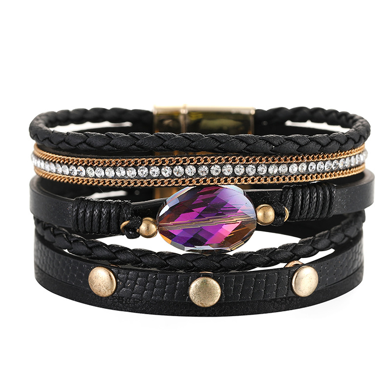 European and American multilayer leather strap handwoven leather animal pattern design crystal stone braceletpicture4