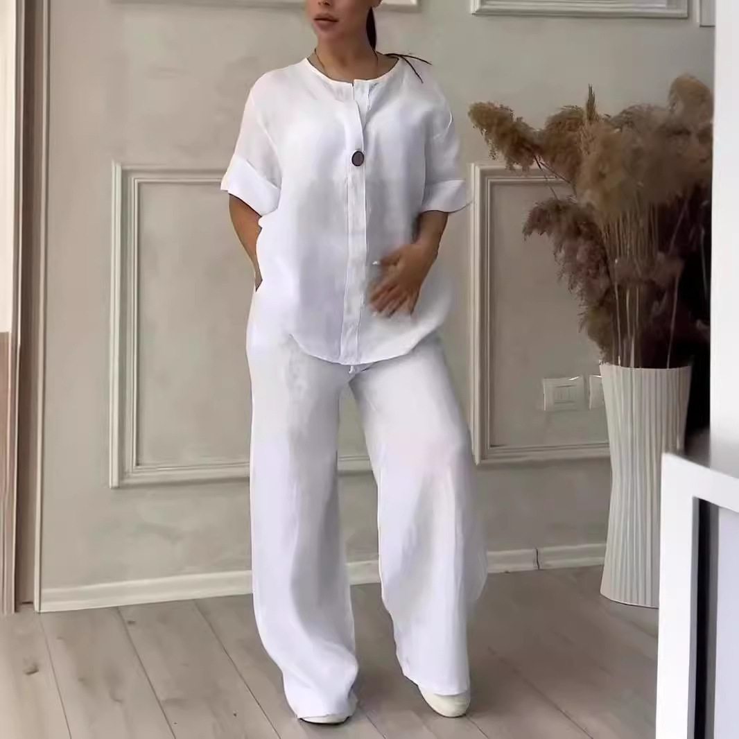 Ensemble décontracté femme en coton et lin avec pantalon large_voghion.com