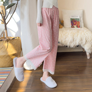 New Spring and Autumn pure cotton Korean style floral loose pajama pants sweet cute home pants cropped pants summer air conditioning pants