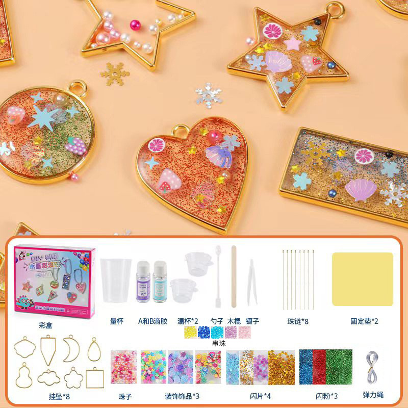 Accesorios de epoxi de cristal de bricolaje hechos a mano para niños, paquete de material, pintura de pegamento sin hornear, mochila, accesorios colgantes, juguetes de juego