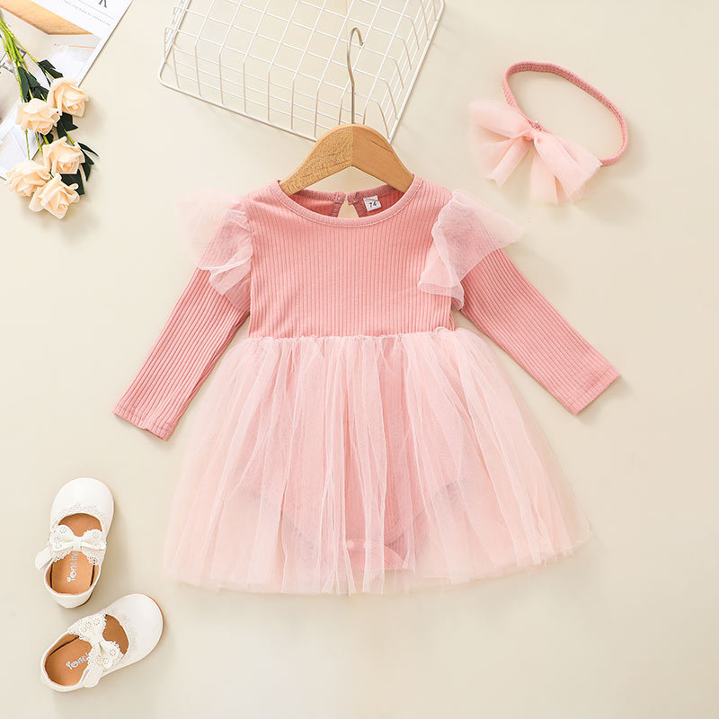 Cute Solid Color Net Yarn Long Sleeve Baby One-piece Dress Wholesale Nihaojewelry display picture 2