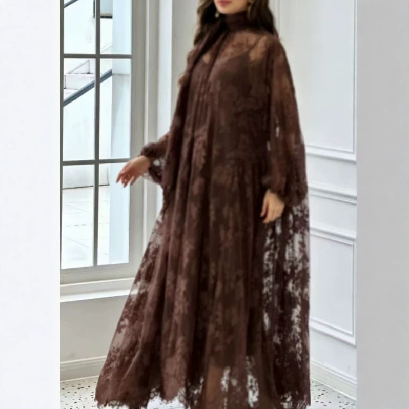 Elegant Deep Brown Maxi Dress With Lace Panels And Defined Waist | Flowy A-Line Skirt For Special Occasions_ecoleips.com