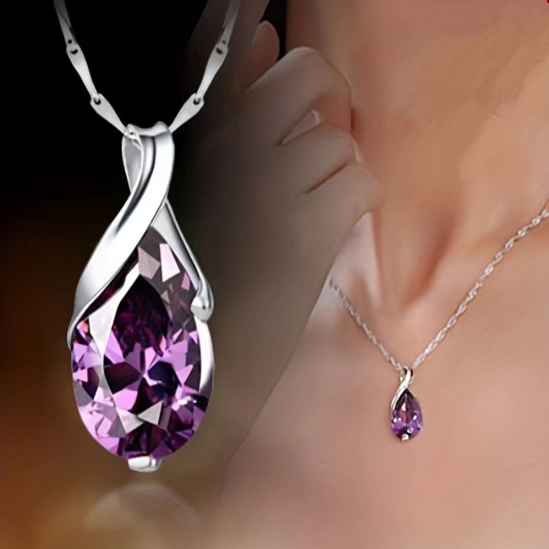 TEMU Cross-border New Products Hot Purple Crystal Women's Necklace Angel Tears Water Drop Pendant Factory Outlet