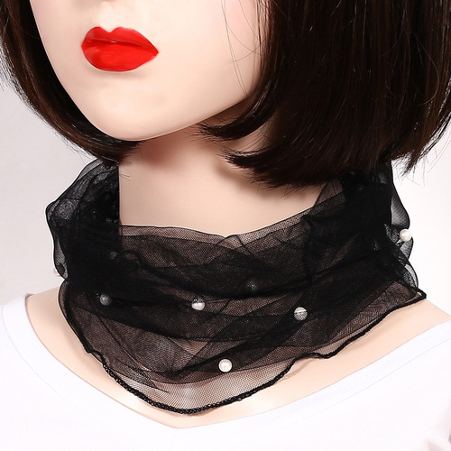 Scarf Women's Small Silk Scarf Neck Protector Women's Mesh Lace Beaded Pullover Scarf Summer Versatile Fashion Scarf Women