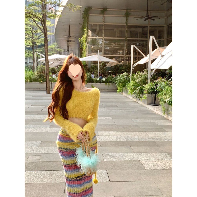 (2개) 순수한 욕망 노란 스웨터 외부 착용 슬림 핏 짧은베이스 탑 뜨거운 소녀 높은 허리 내복 여성의 가을과 겨울 스웨터