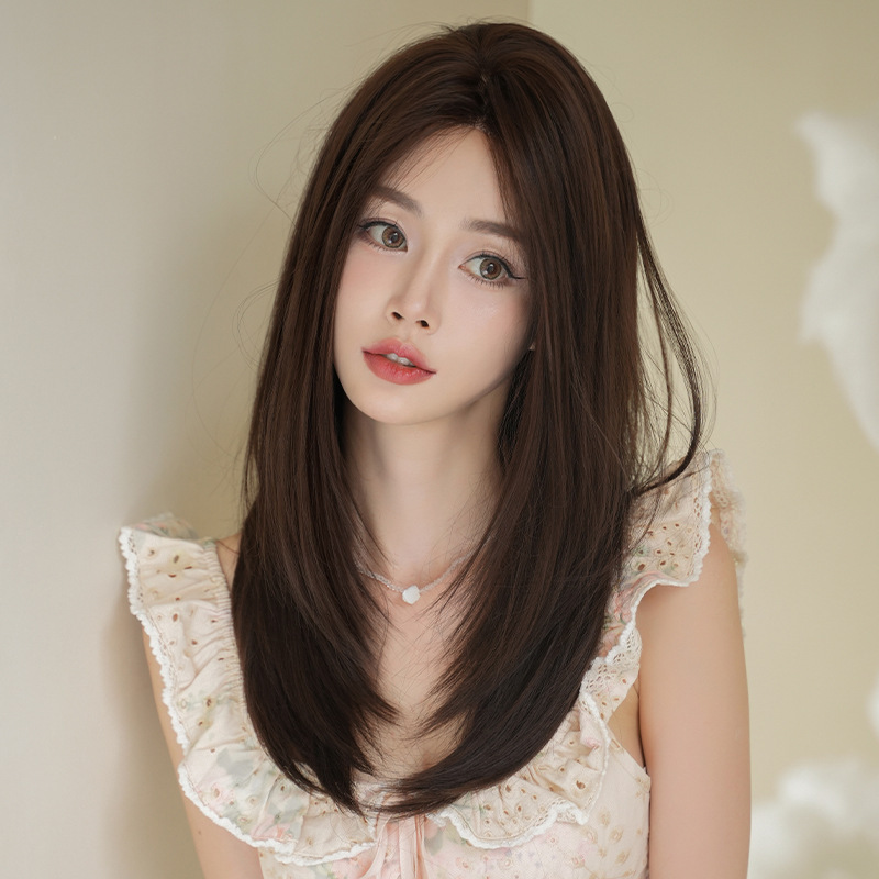 Wig Women's Long Straight Hair One-Word Hand-Woven Chemical Fiber Lace Wig Korean Style High Temperature Silk Full Top Full Head Cover Long Straight Hair