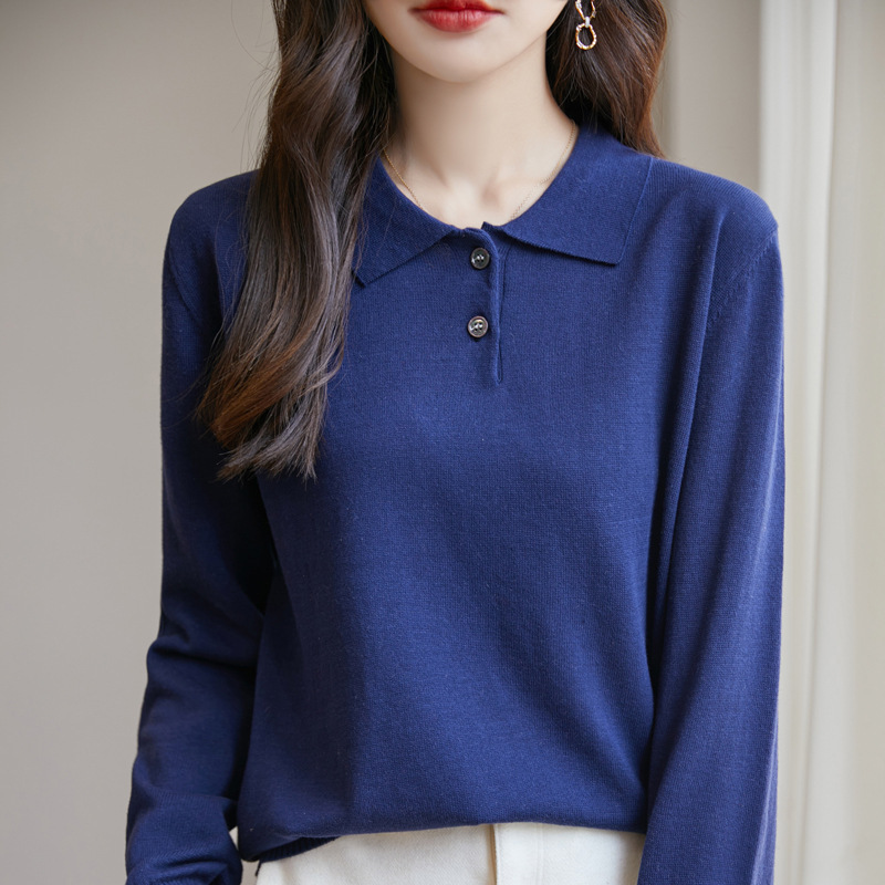 2024 New Autumn and Winter Polo Collar 0 Cotton Knitted Pullover Long-Sleeved Versatile Loose 0 Color Bottoming Commuter Sweater for Women