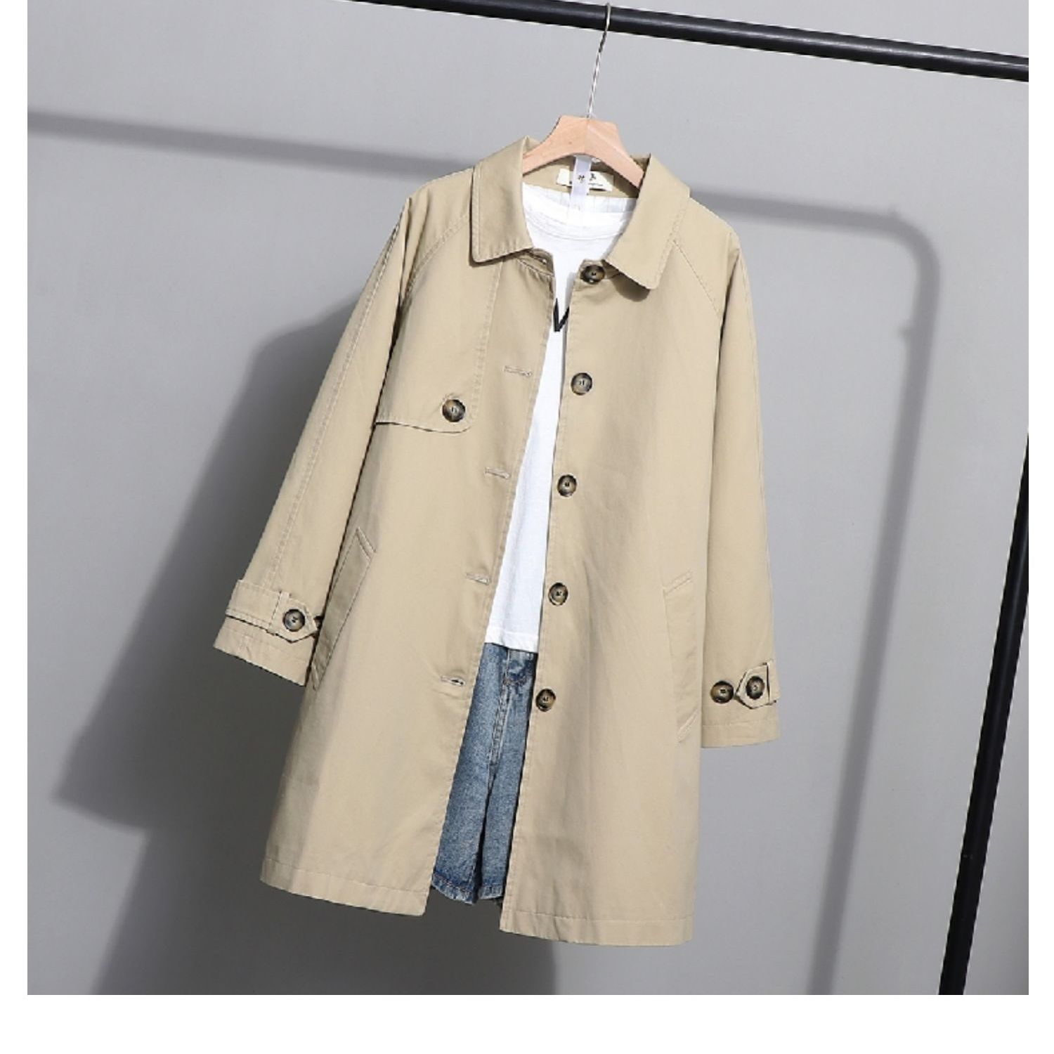 Mid-Length Petite Trench Coat for Women, New Korean Style Loose Versatile Khaki Coat for Spring and Autumn