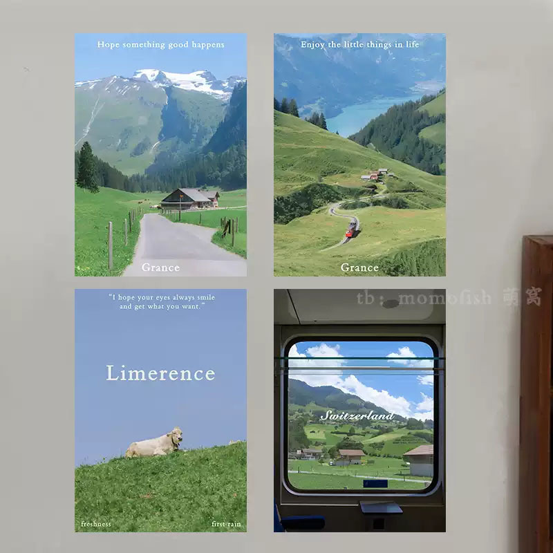 Swiss snow mountain, forest, and grassland scenery poster, ins-style fresh and simple room desktop, bedside background, photo decoration painting
