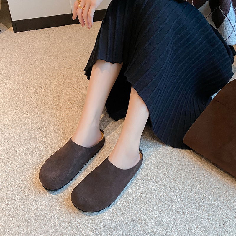全牛皮勃肯鞋女士包头半拖鞋外穿懒人复古row风软木底真皮博肯鞋|undefined