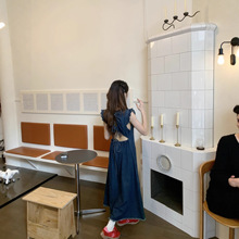 DOMX辣妹风小众设计抽绳收腰个性牛仔连衣裙中长款女无袖