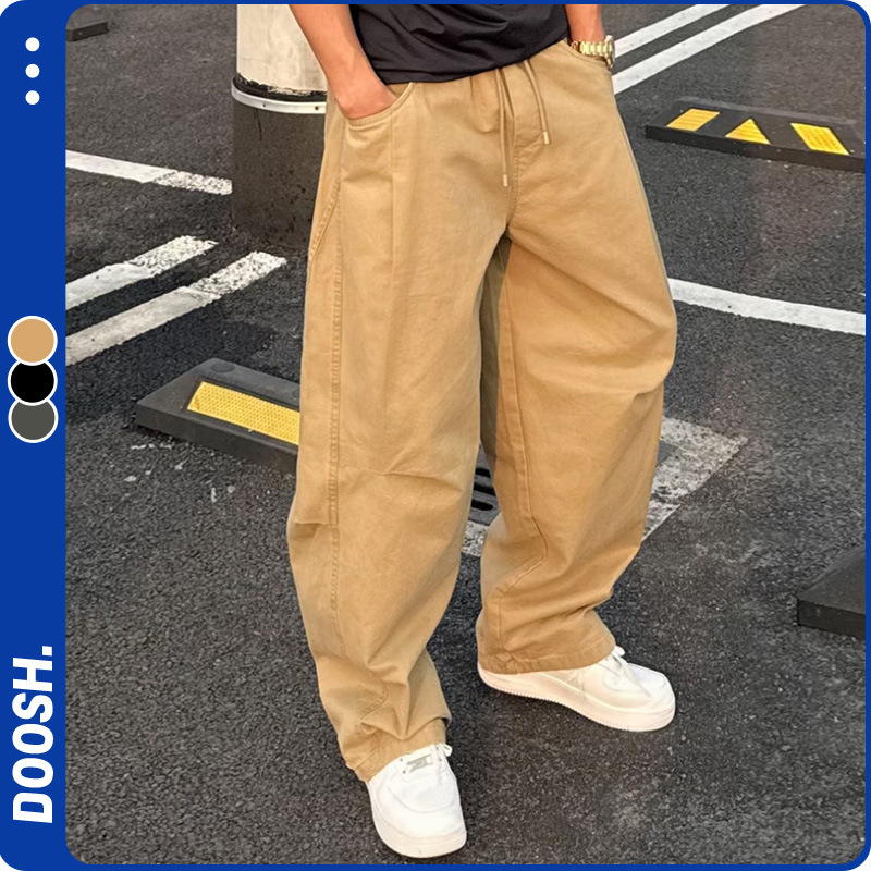 Men's Long Pants with a Washed Feel, Cotton, Three-Dimensional, Loose Fit, Straight-Leg, Versatile, Spring and Autumn Workwear, American Style, Unisex, Curved Hem Casual Pants