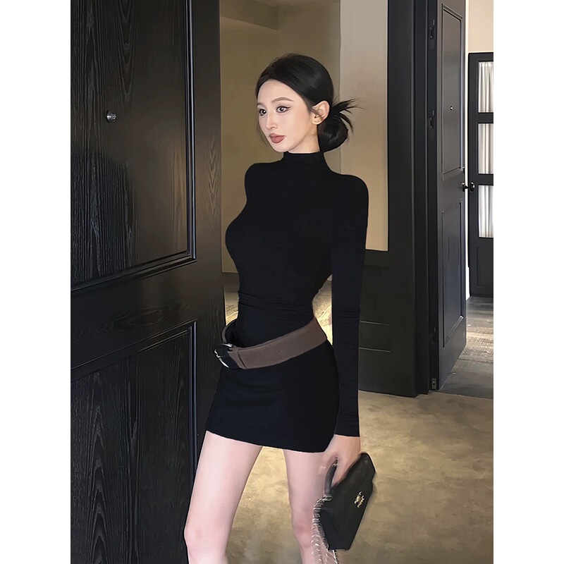 Black Elegant Half-High Collar Long-Sleeved Dress for Women, New Autumn Style, Slim-Fitting and Hip-Hugging Short Skirt for Inner Wear