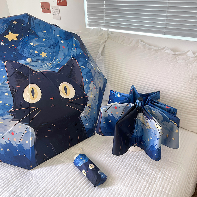 Van Gogh cute cat cartoon folding umbrella sun protection UV protection female dual-use sun umbrella portable umbrella