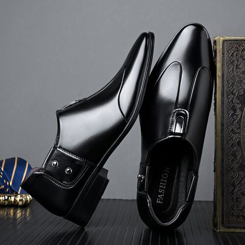 Autumn and Winter Men's Business Formal Leather Shoes, Youth Toe-Button Shoes, British Style Shoes, Black, with Warm Padding
