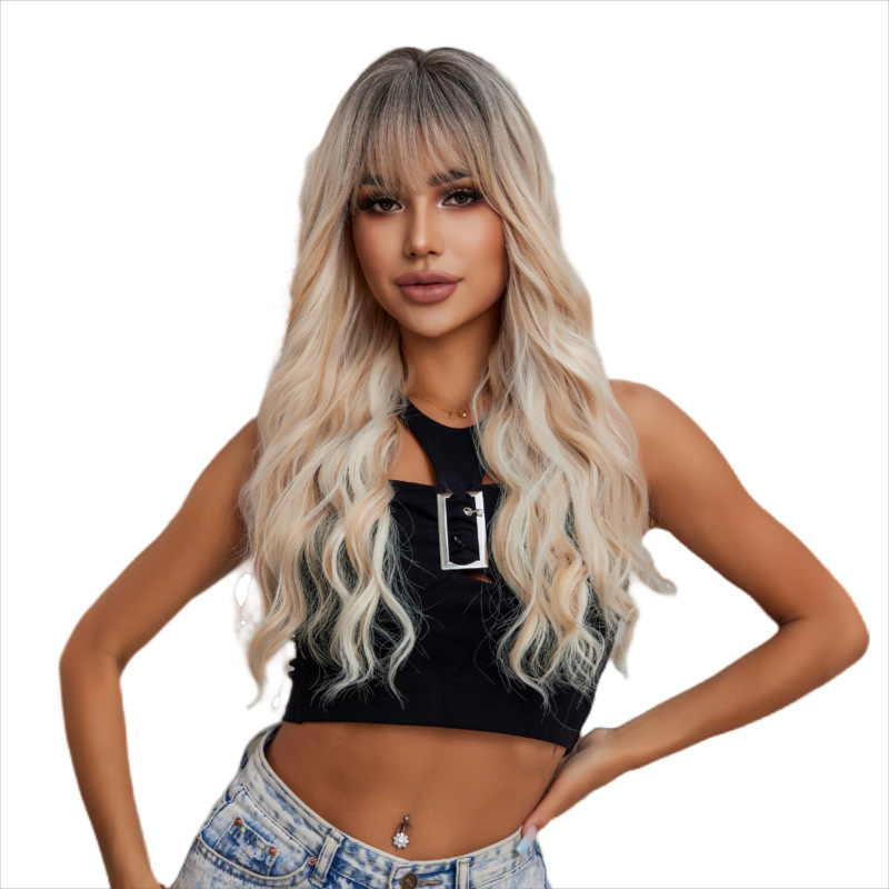 Comercio exterior europeo y americano gradiente oro blanco flequillo de ocho caracteres Pelo Rizado largo moda elegante Peluca de seda de alta temperatura cubierta de la cabeza completa femenina