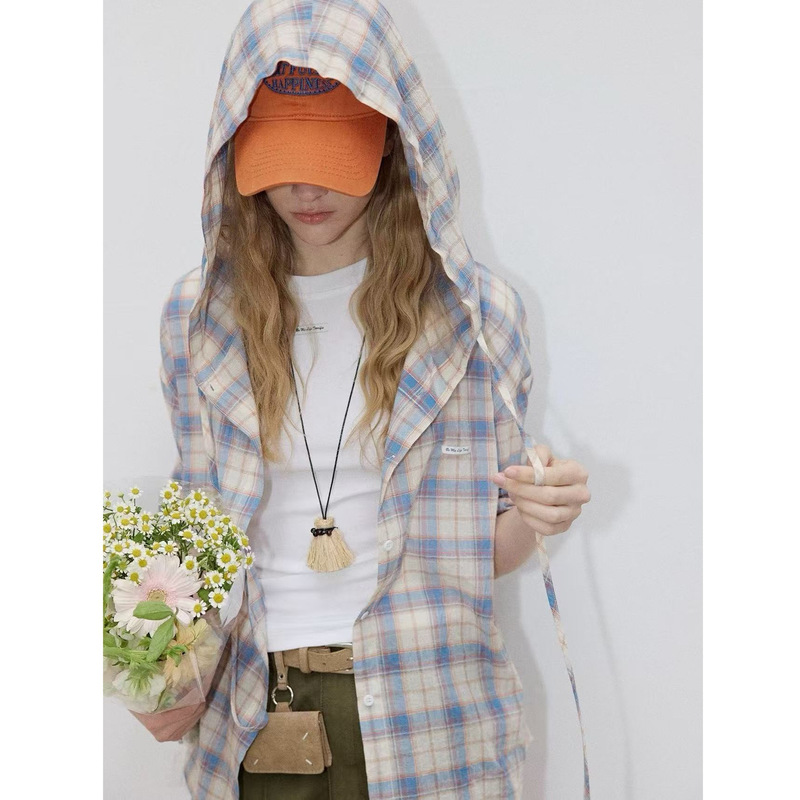 [Light Summer Blues] 2026 Summer New Fresh Plaid Hooded Sun Protection Shirt Versatile Top for Women