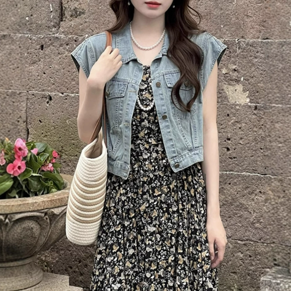 Летний новый джинсовый жакет куртка женский летающий рукав короткий повседневный дикий жилет тонкий жилетка