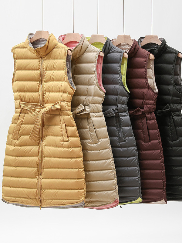 Pinghu Autumn and Winter New Lightweight down Vest for Women, Long Style with Stand Collar, Over-The-Knee, Waist-Cinching, Slim Fit, Color-Blocking, Seamless Fabric