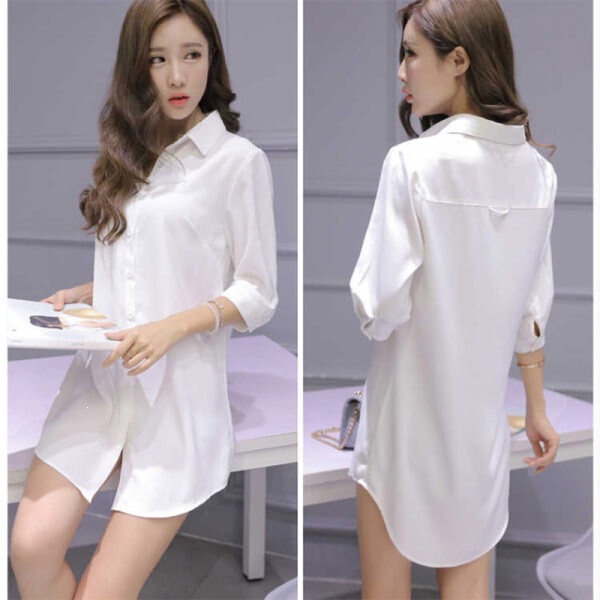 Uniform-style tie, white shirt, summer loose-fitting mid-length casual three-quarter short-sleeve shirt, casual BF sexy top for women Uniform-style tie, white shirt, summer loose-fitting mid-length casual three-quarter short-sleeve shirt, casual BF sexy top for women