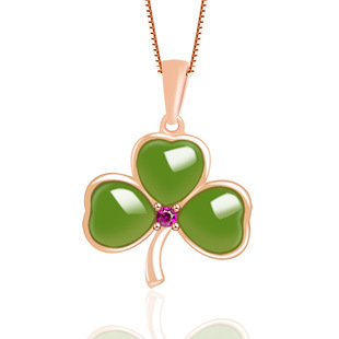 Spinach Green old material Hetian Jade Jasper Clover pendant S925 silver inlaid natural jade pendant female couple