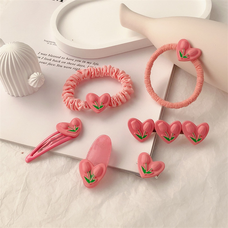 Corazón encantador de niña flor de tulipas anillo de cabello elástico temperamento cuerda de cabeza de alta elasticidad simple primavera y verano adornos para el cabello
