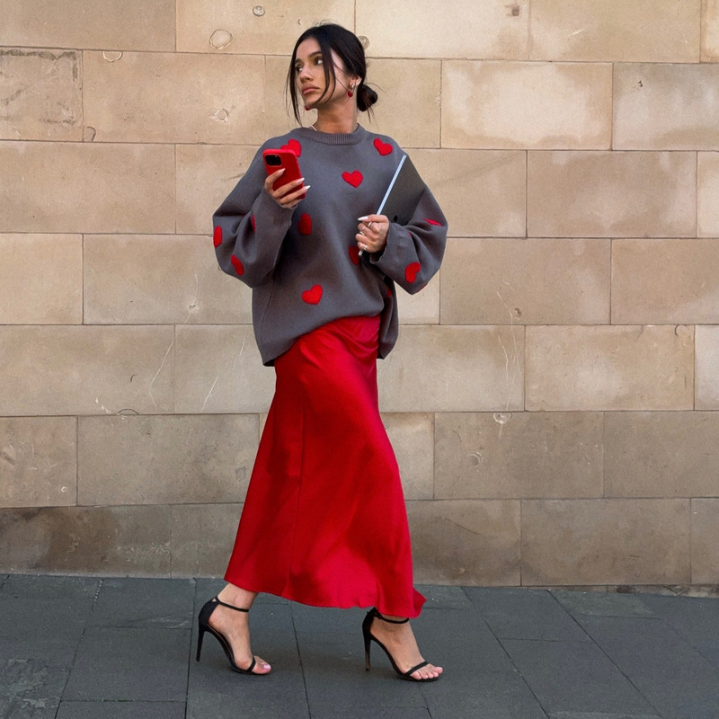 Early Autumn Lazy Wind Draped Crewneck Long Sleeve Women's Sweater Amazon Cross-border Love Yarn-dyed Base Shirt Autumn Women