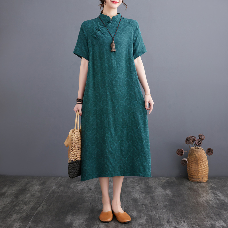 Summer Cotton-linen Dress 2023, Plus-size Loose Jacquard Button-up Short-sleeve Dress, Vintage Zen-style Linen Robe_voghion.com