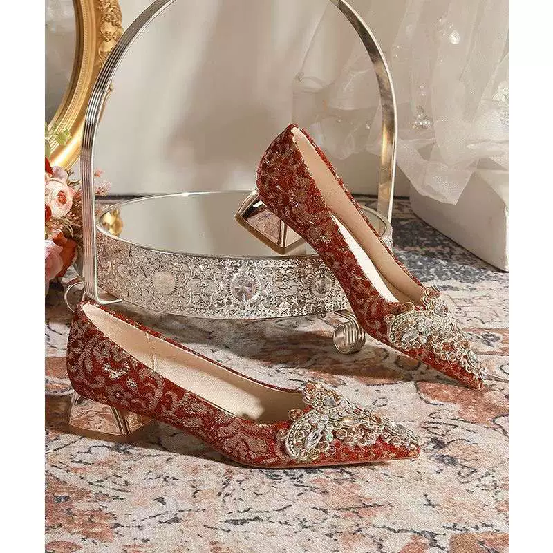 Свадебные туфли Xiuhe для женщин 2025, новый стиль, свадебные туфли на низком каблуке для свадьбы, не утомляющие ноги, элитные красные свадебные туфли