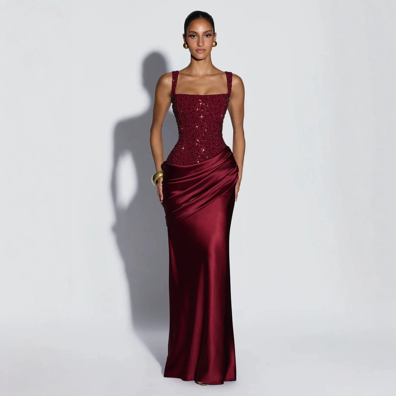 Cross-border 2026 Autumn New European and American Women's Dress Sequined Satin Splicing Elegant Fashionable Strap Dress Cross-border 2026 Autumn New European and American Women's Dress Sequined Satin Splicing Elegant Fashionable Strap Dress