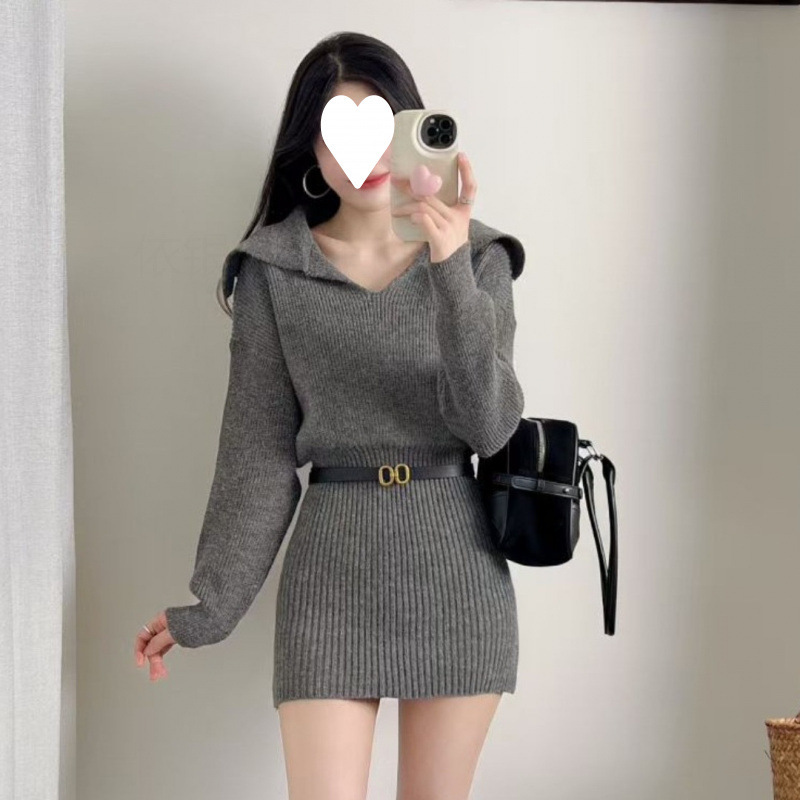 Korean Style Dress Autumn and Winter New Age-Reducing Style Design Waist-Cinching Sweater Skirt for Women + Belt