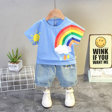 跨境外貿2022年夏季新款韓版彩虹短袖圓領T恤套裝0-1-4歲寶寶童裝