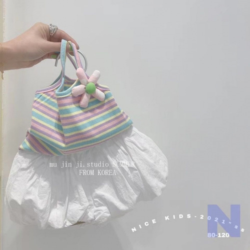 Summer 2025 Cute Baby Girl Fashion Glitter and Grace Style Rainbow 3D Small Flower Tank Top and Floral Pants Set