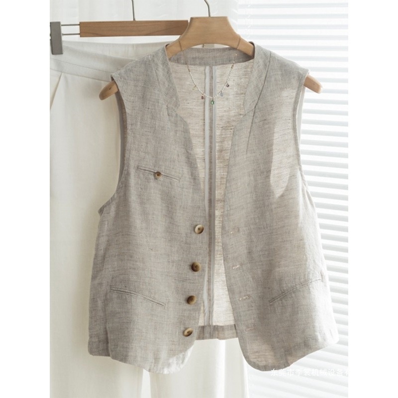 Linen V Neck Suit Vest Women's Summer Waistoutwear Thin Style Fashionable Cotton and Linen Vest Jacket Top