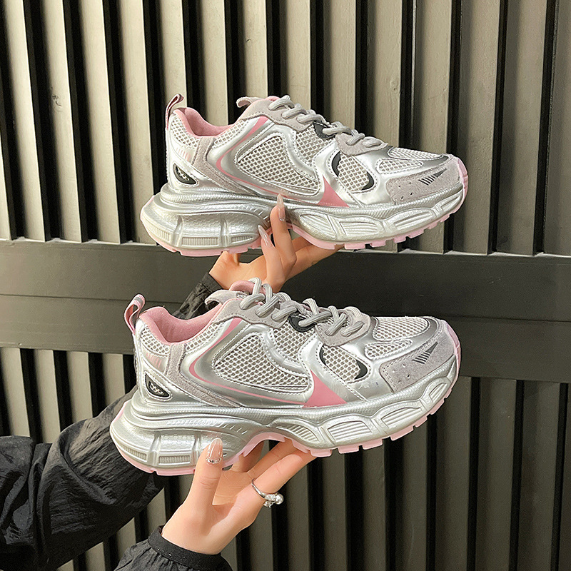 Torpe zapatillas para las mujeres 2024 Primavera Nueva plataforma de cuero genuino malla punta redonda zapatos casuales plata moda marca zapatilla