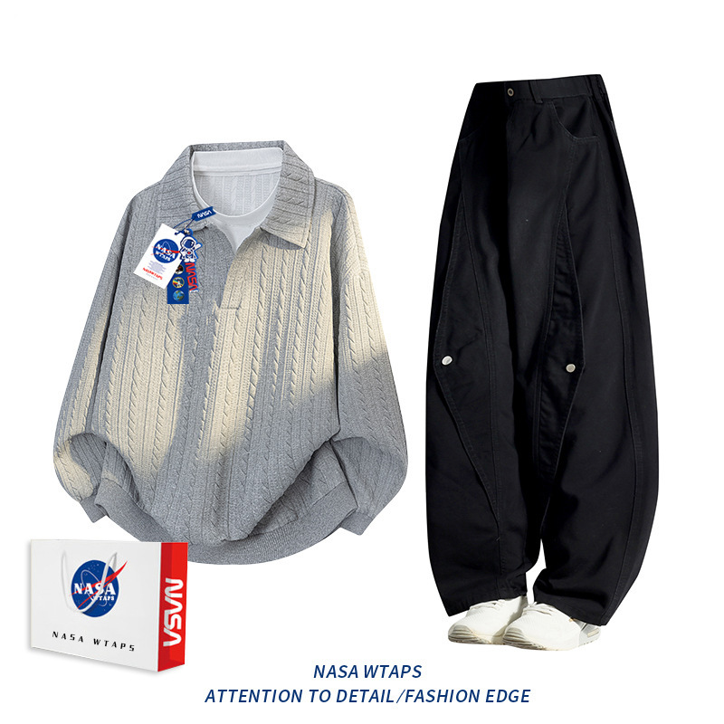 NASA ABOUT美式假两件polo衫卫衣牛仔裤套装男款秋季潮休闲两件套|undefined