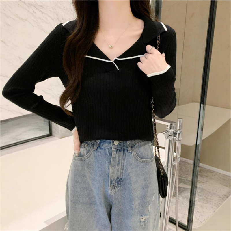 Polo襟のニットの底のシャツの女性2025春の新型の長袖のtシャツのセーターの春の服の上着の春秋の金|undefined