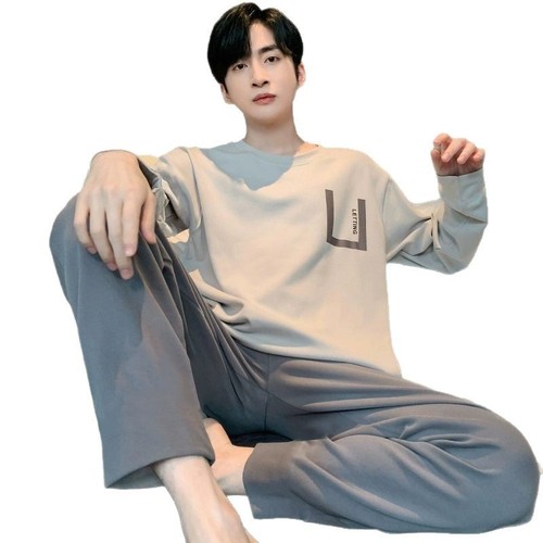 Spring and Autumn Striped Men's Long Sleeve Thin Loose Korean Style Casual Sports Milk Silk Home Suit Set
