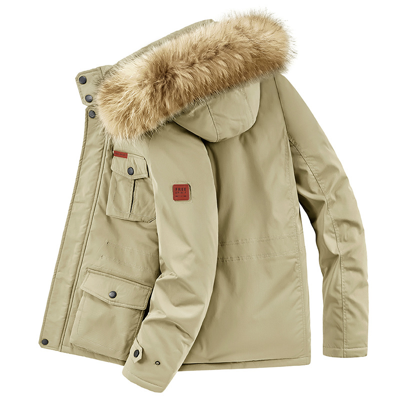 Cross-Border Autumn and Winter Men's New Velvet Thickened Mid-Length Hooded Cotton Outwear Casual Youth Thickened Jacket