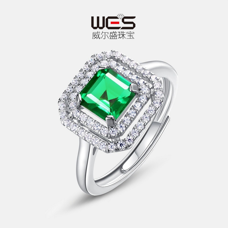Wilsheng joyería transfronteriza nuevo S925 anillo de plata cultivo Esmeralda lujo moda joyería anillo incrustaciones de piedras preciosas para las mujeres