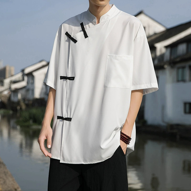 2024 Новый китайский стиль в китайском стиле темный пуговица ниша дизайн с короткими рукавами рубашки из ледяной пряжи